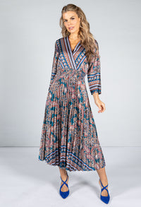 Silk Feeling Paisley Printed Midi Dress in Teal