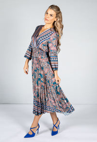 Silk Feeling Paisley Printed Midi Dress in Teal