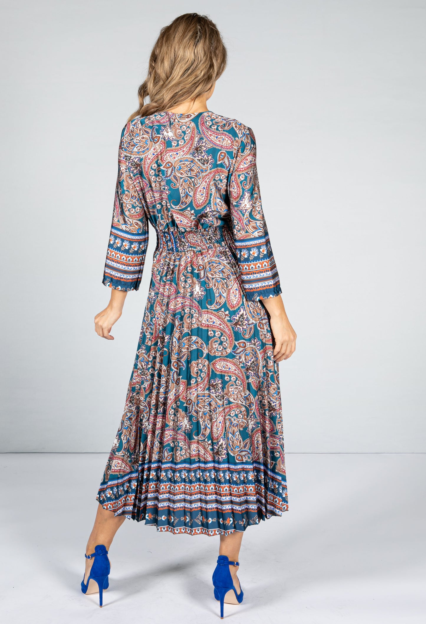 Silk Feeling Paisley Printed Midi Dress in Teal