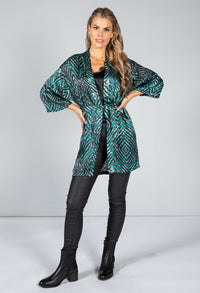 Animal Print Silk Blend Kimono Style Cardigan in Jade Green