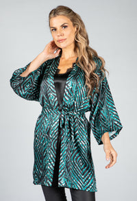 Animal Print Silk Blend Kimono Style Cardigan in Jade Green