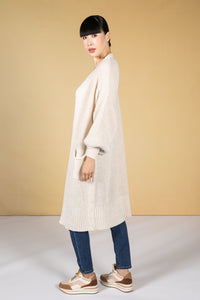 Midi Length Knit Cardigan in Light Beige