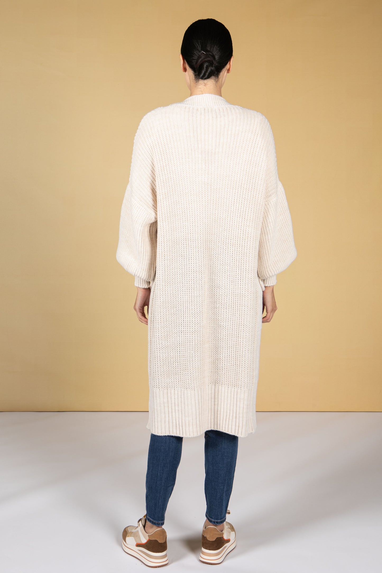 Midi Length Knit Cardigan in Light Beige