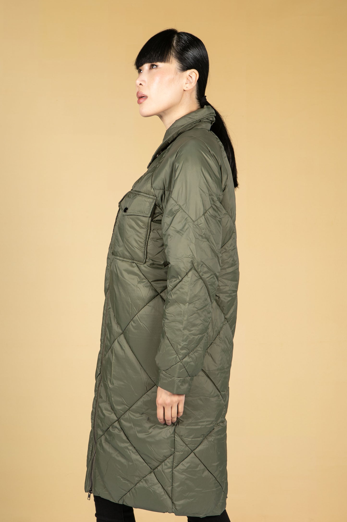 Hoodless Quilted Long-Line Coat in Khaki Green