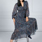 Ruffled Paisley Print Dress in Navy Blue