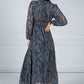 Ruffled Paisley Print Dress in Navy Blue