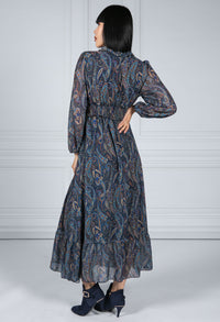 Ruffled Paisley Print Dress in Navy Blue