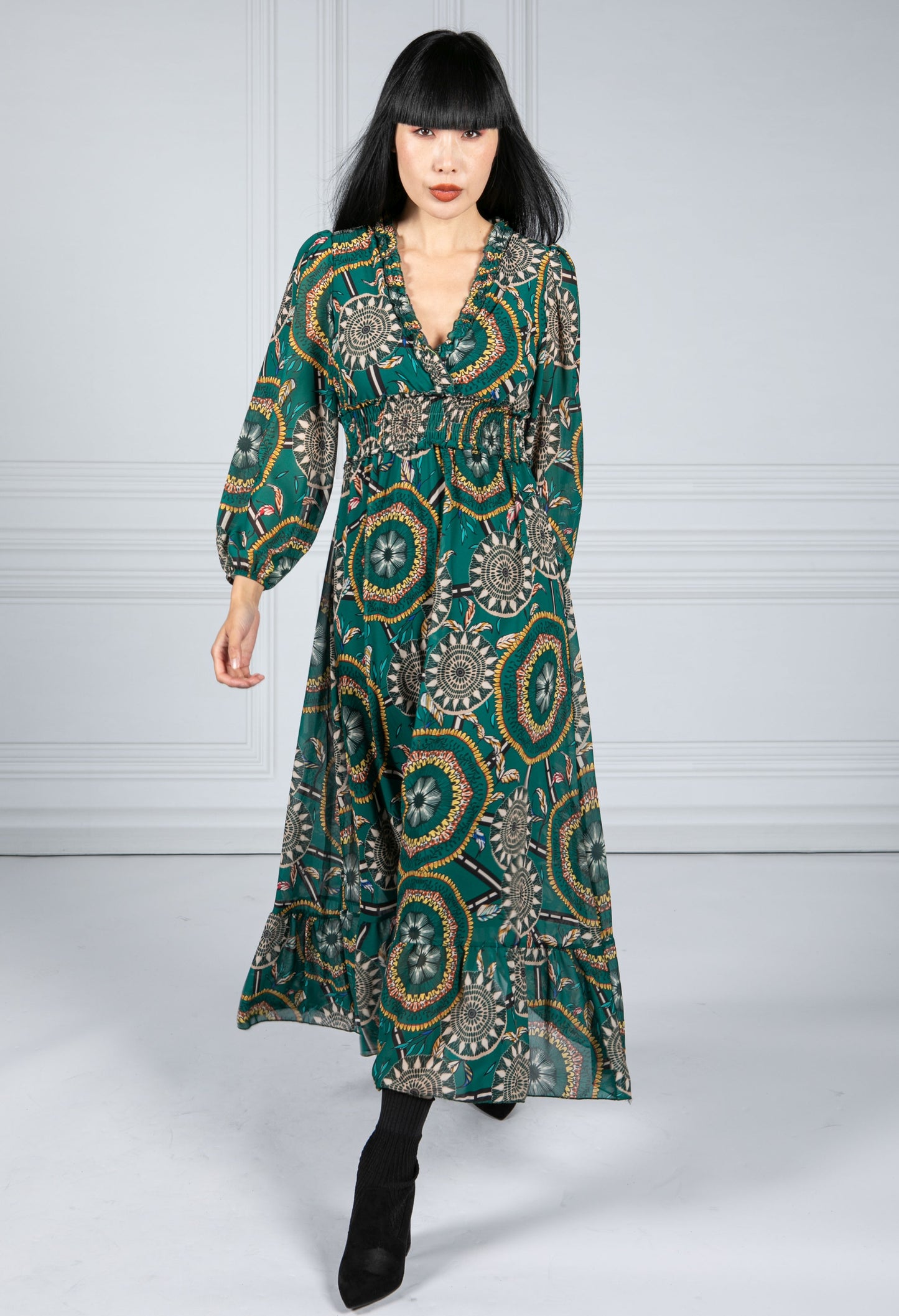 Ruffled Geo Print Dress in Green