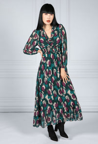 Ruffled Abstract Print Dress in Bottle Green