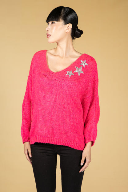 Bright Pink Star Jewelled Knit