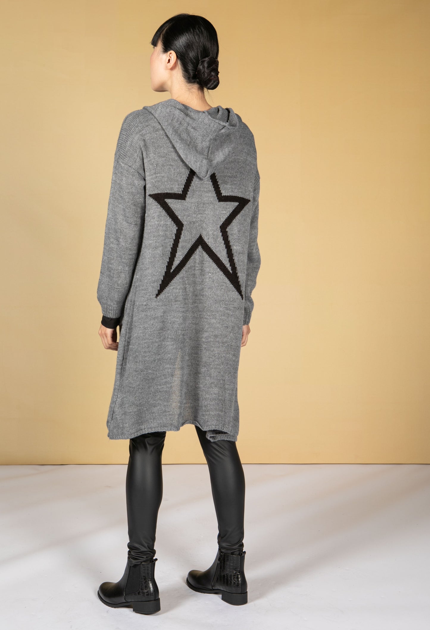 Long Line Knitted Star Cardigan in Mid Grey