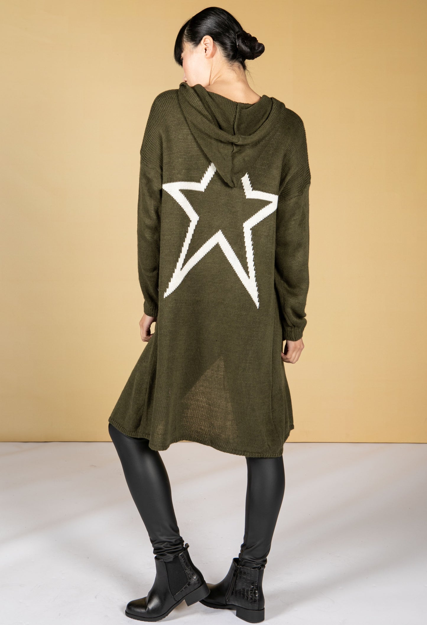 Long Line Knitted Star Cardigan in Khaki