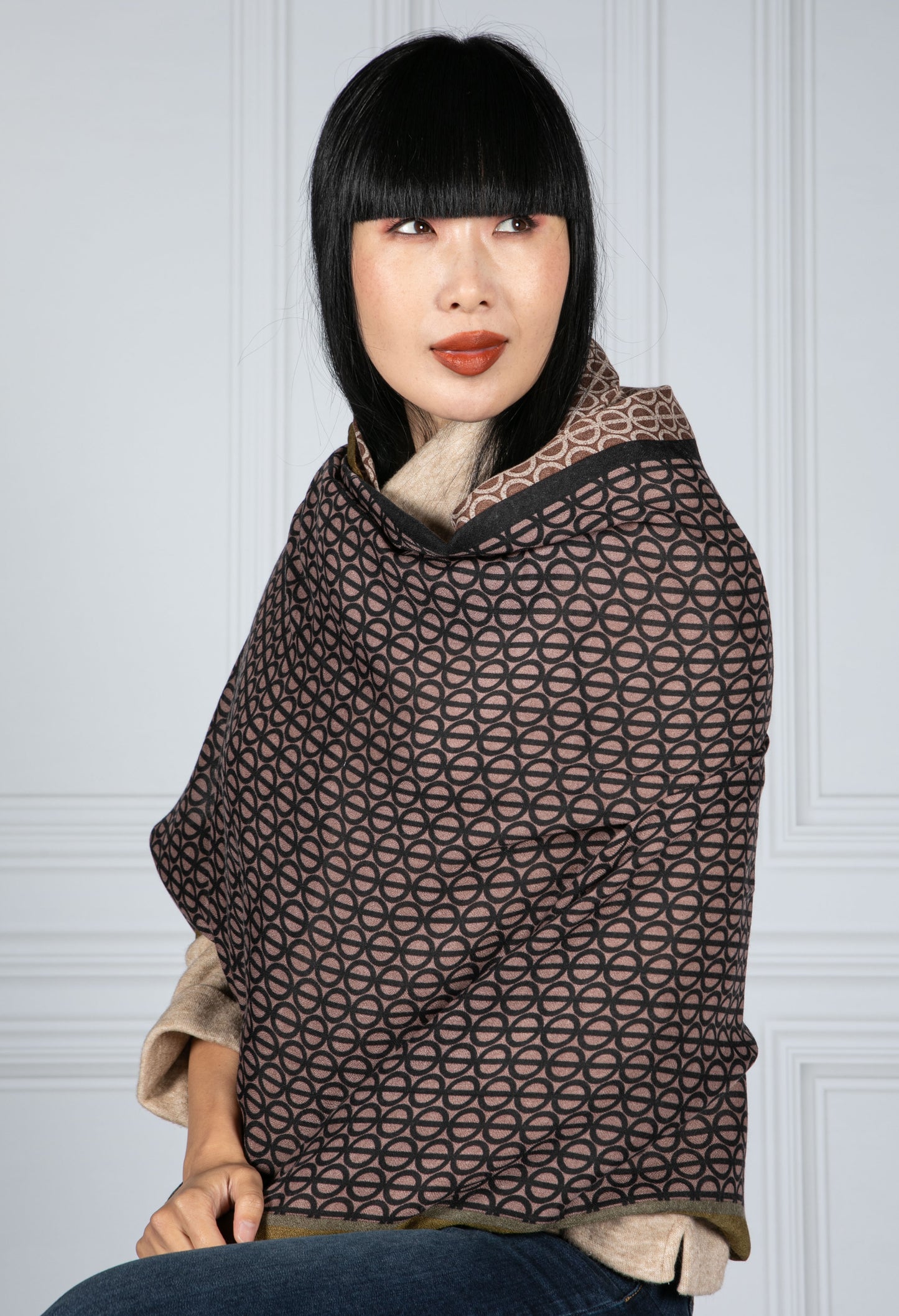 Taupe Geometric Print Scarf with Khaki Trim