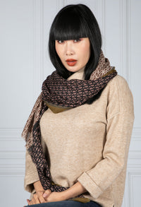 Taupe Geometric Print Scarf with Khaki Trim