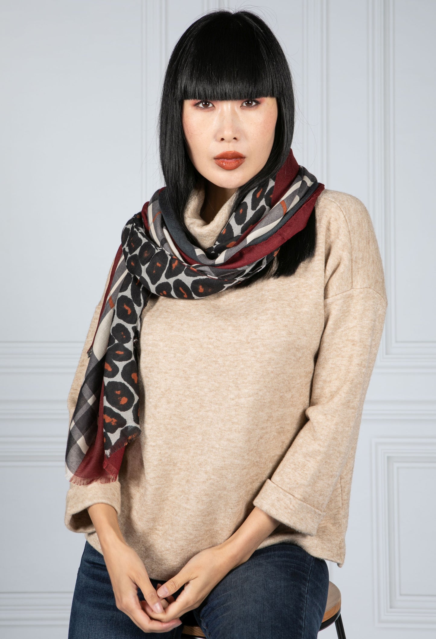 Multi Pattern Scarf in Wine