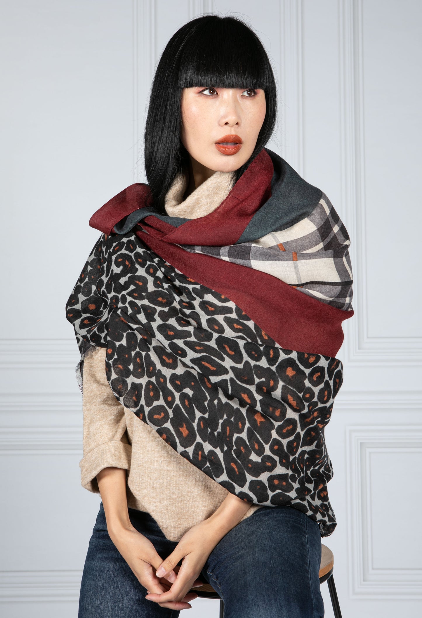 Multi Pattern Scarf in Wine