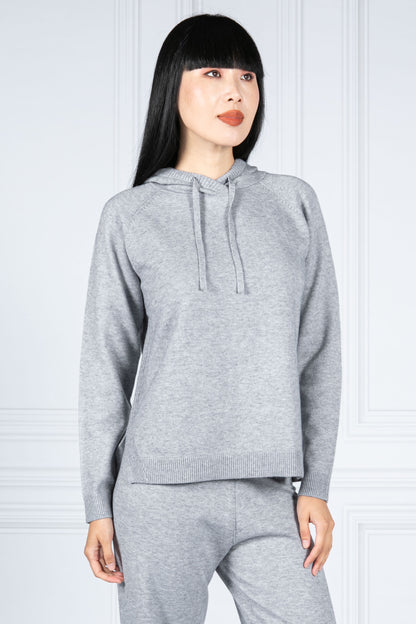 Knitted Hoodie with Side Slits in Soft Grey