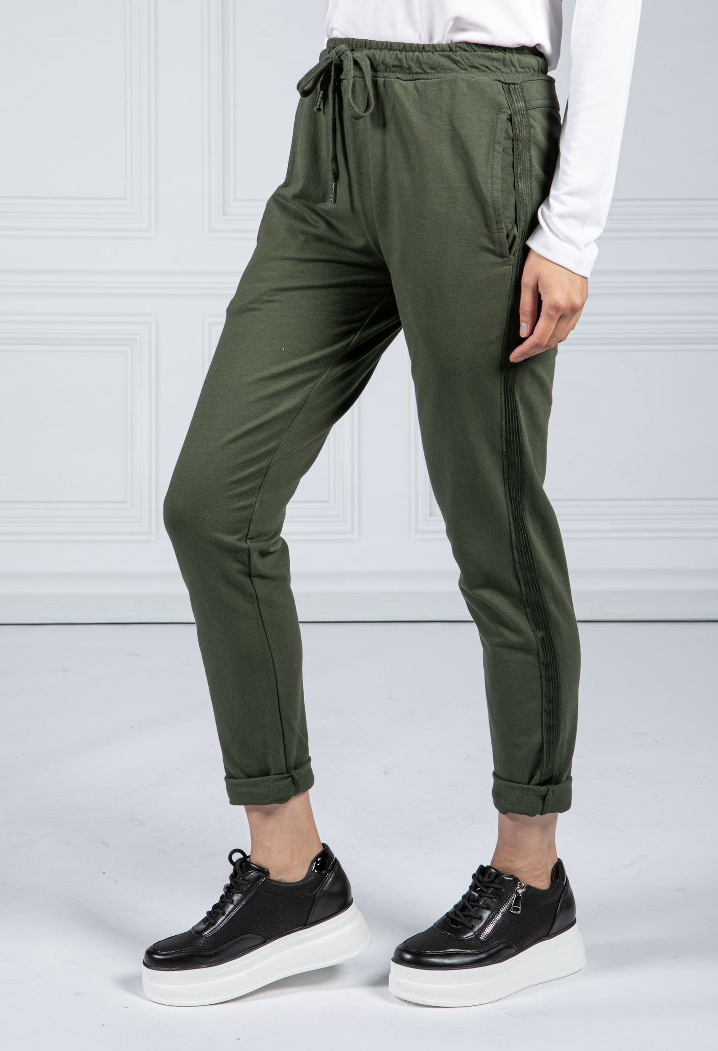 Silky Feel Side Stripe Joggers in Khaki