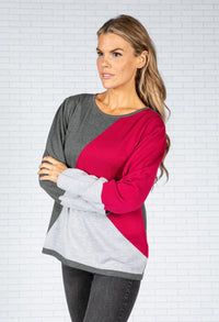 Colour Block Knit Pullover in Magenta