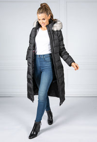 Long Quilted Down Feather Coat with Faux Fur Hood in Black