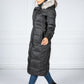 Long Quilted Down Feather Coat with Faux Fur Hood in Black