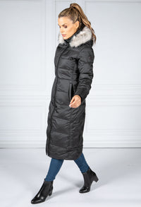 Long Quilted Down Feather Coat with Faux Fur Hood in Black