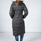 Long Quilted Down Feather Coat with Faux Fur Hood in Black