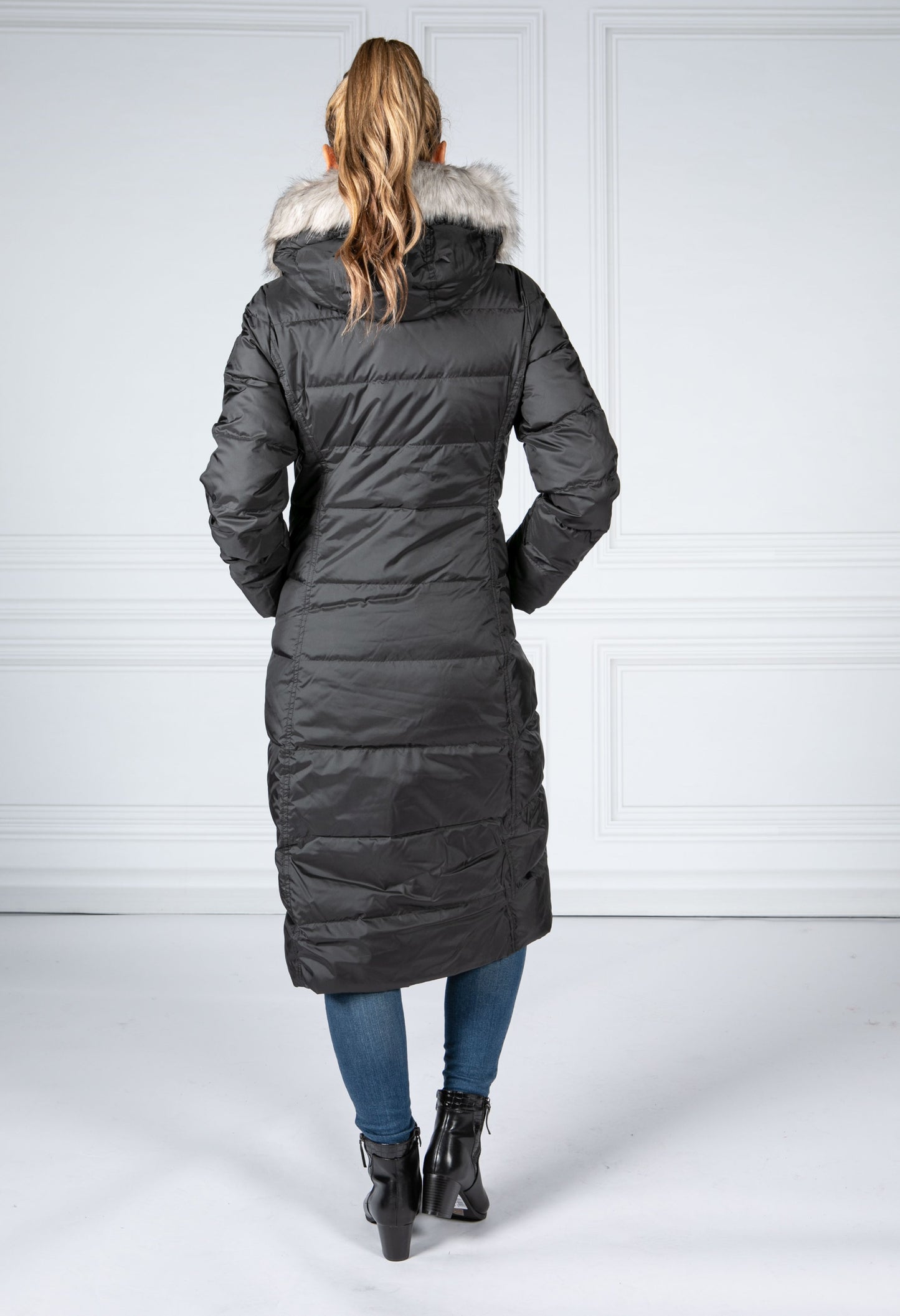 Long Quilted Down Feather Coat with Faux Fur Hood in Black