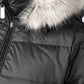 Long Quilted Down Feather Coat with Faux Fur Hood in Black