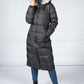 Long Quilted Down Feather Coat with Faux Fur Hood in Black