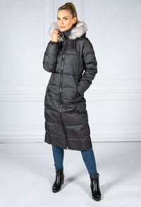 Long Quilted Down Feather Coat with Faux Fur Hood in Black