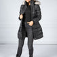 Midi Quilted Down Feather Coat with Faux Fur Hood in Black