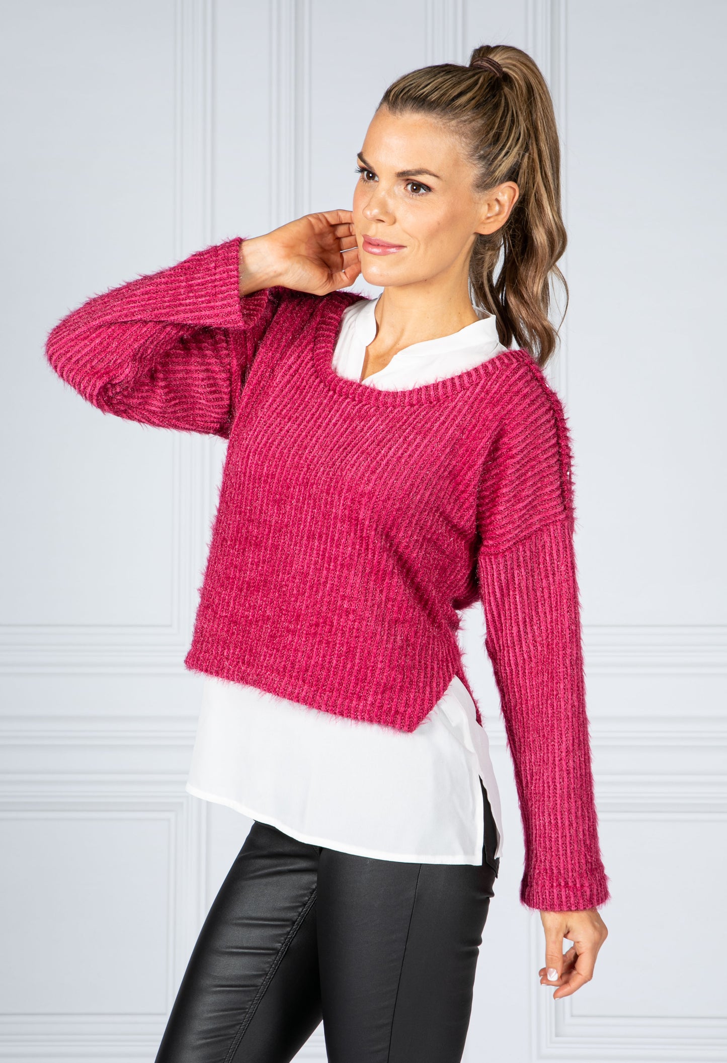 Fuchsia Soft Knitted Jumper with Under Shirt