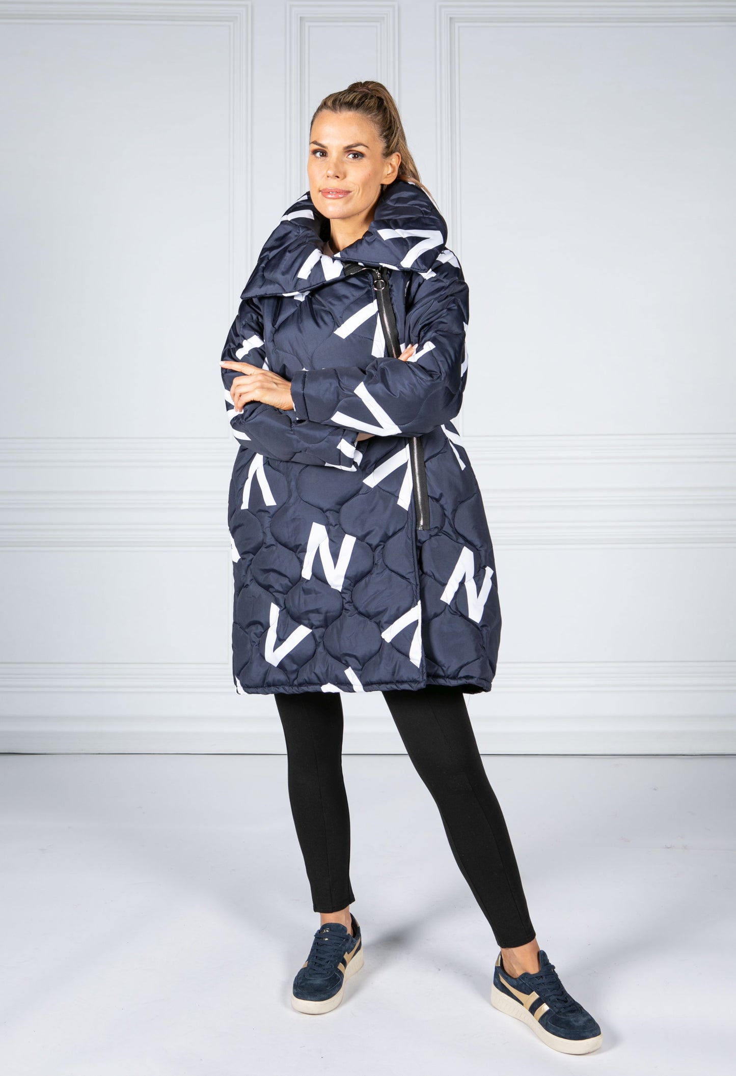 Navy Quilted Coat with Letter Print