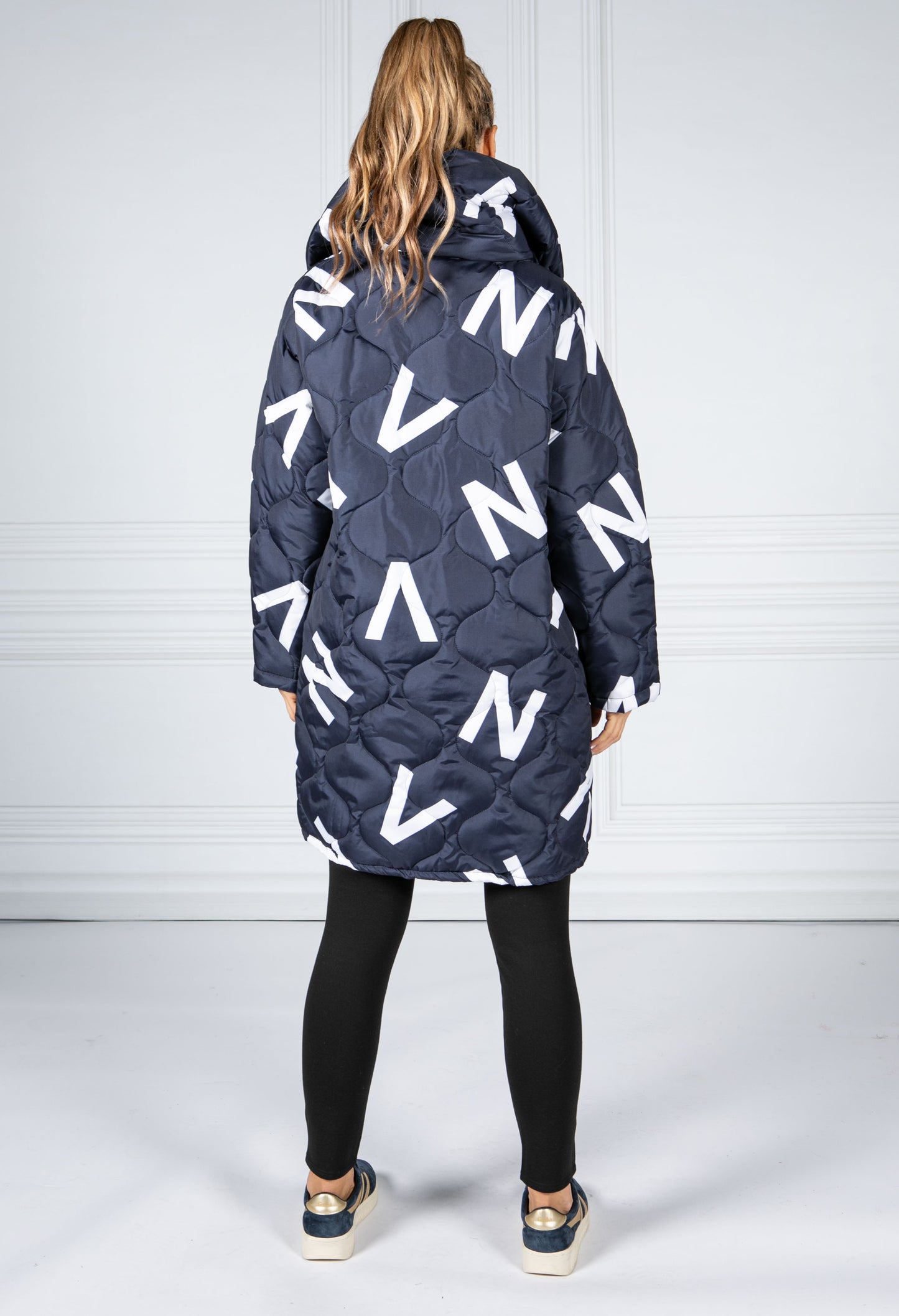 Navy Quilted Coat with Letter Print