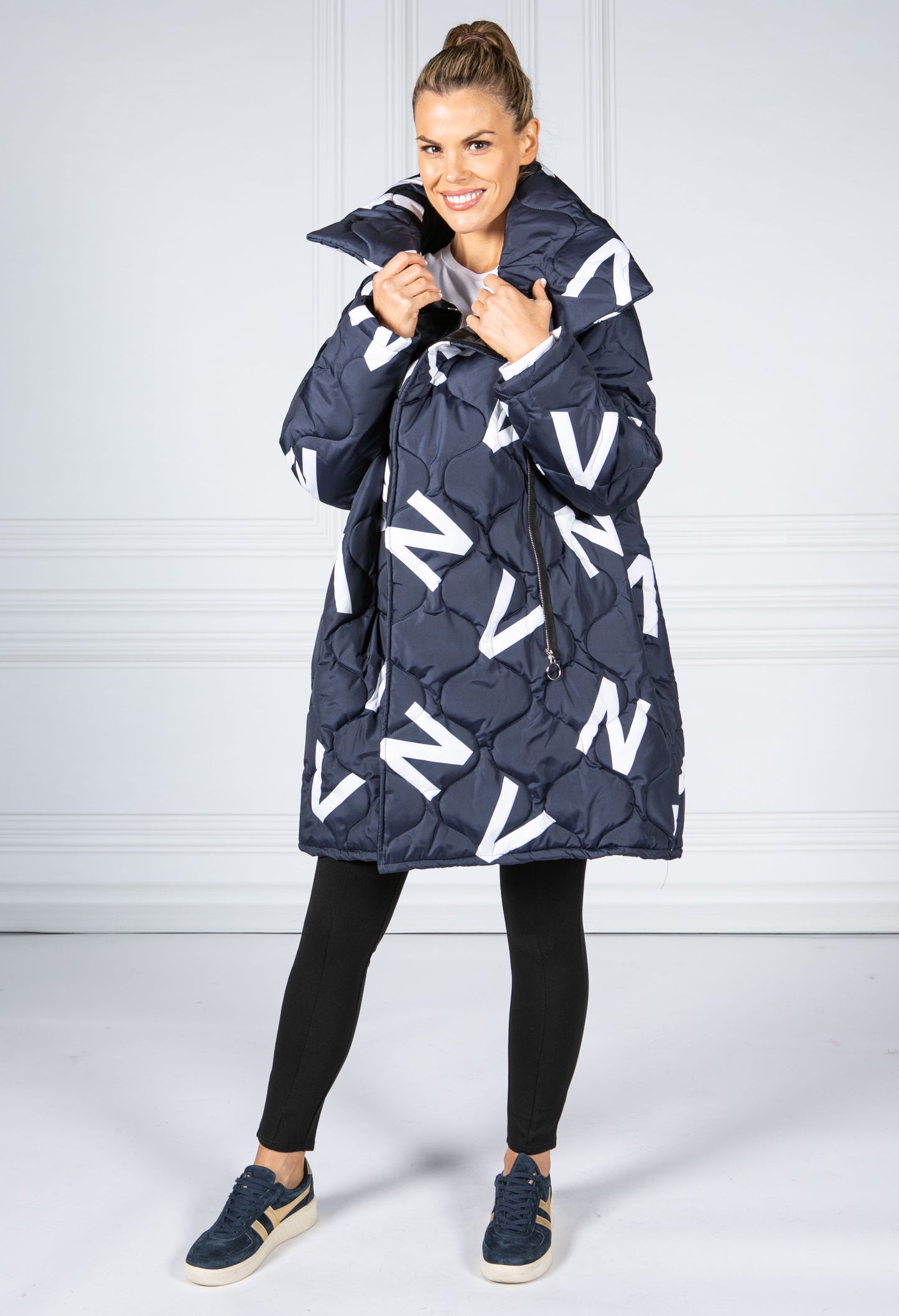 Navy Quilted Coat with Letter Print