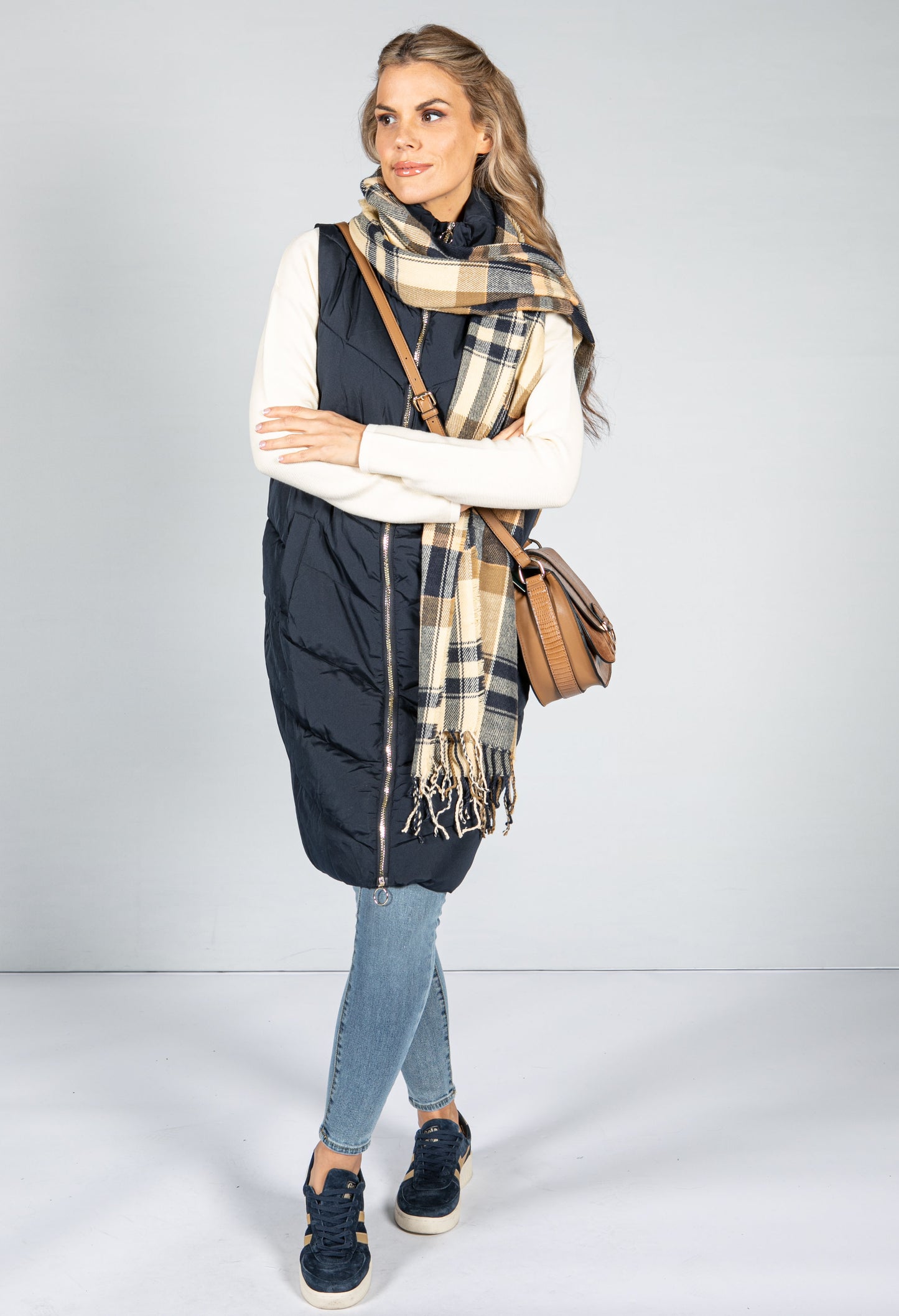 Navy and Sand Check Scarf