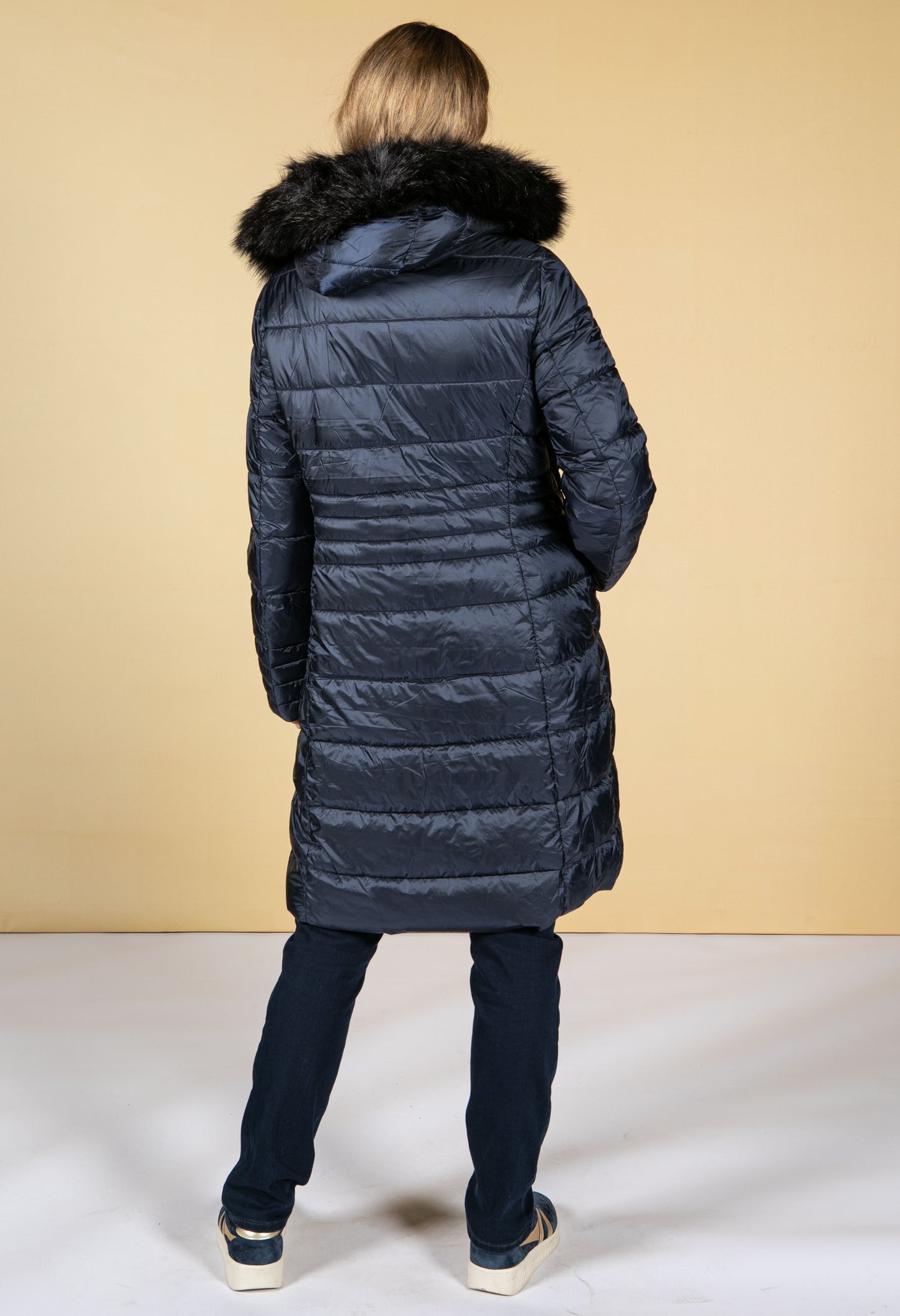 Quilted coat with a hood in Midnight Blue