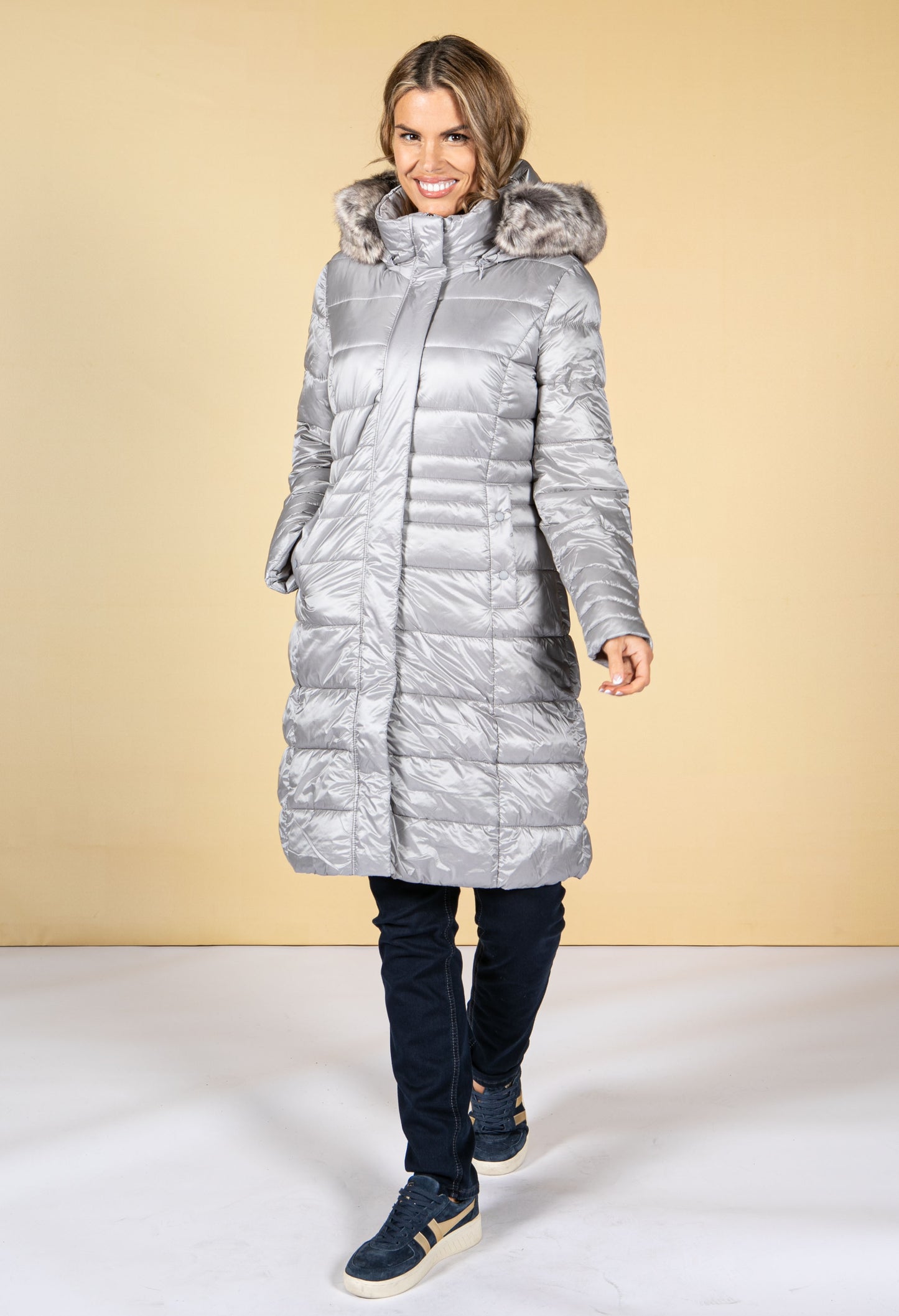 Silver Quilted coat with a hood