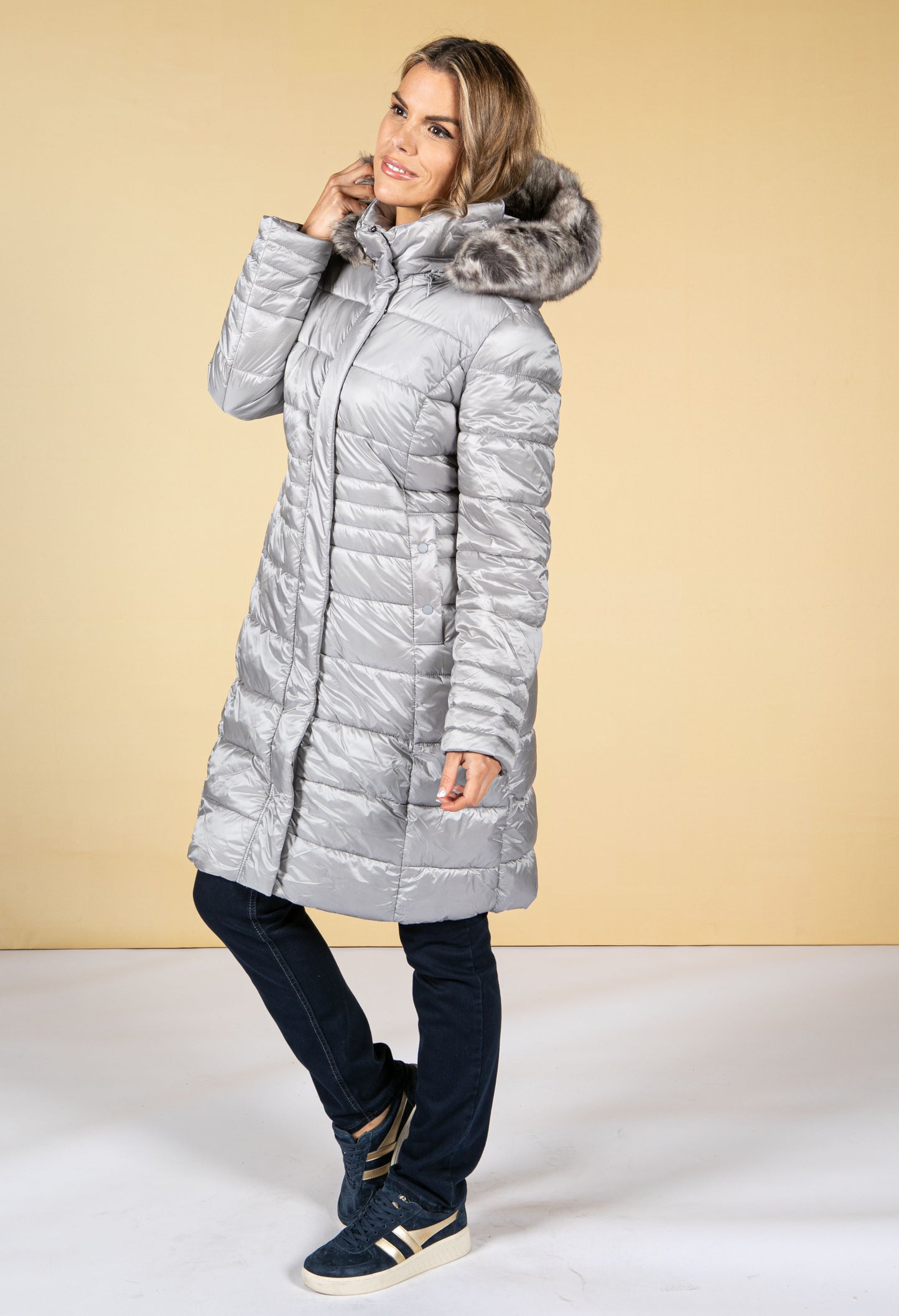 Silver Quilted coat with a hood