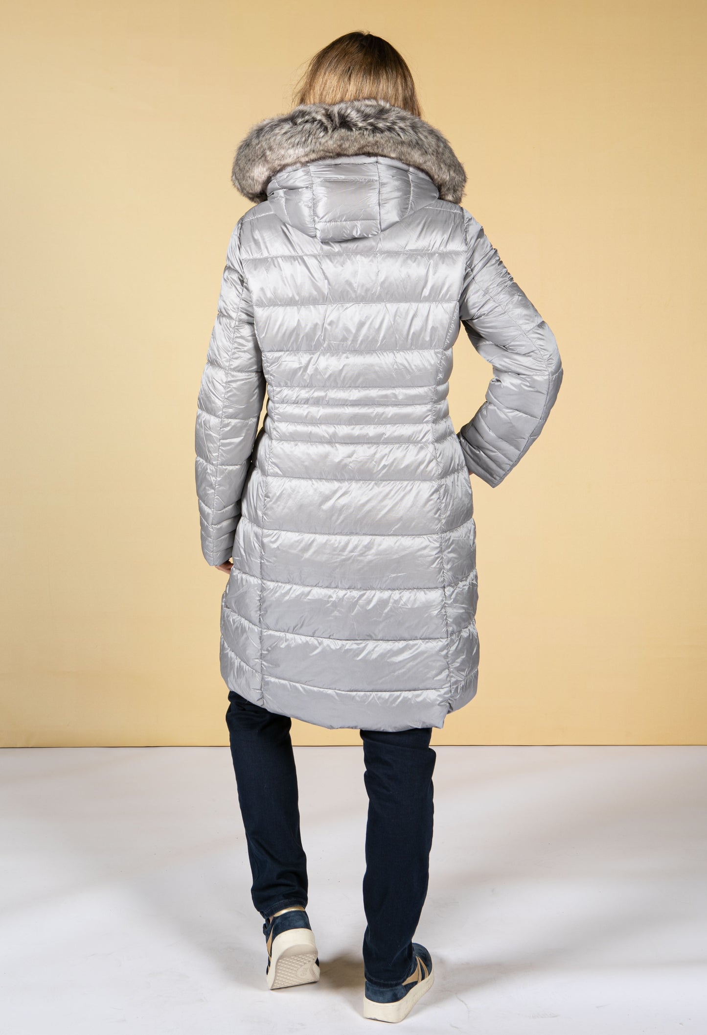 Silver Quilted coat with a hood