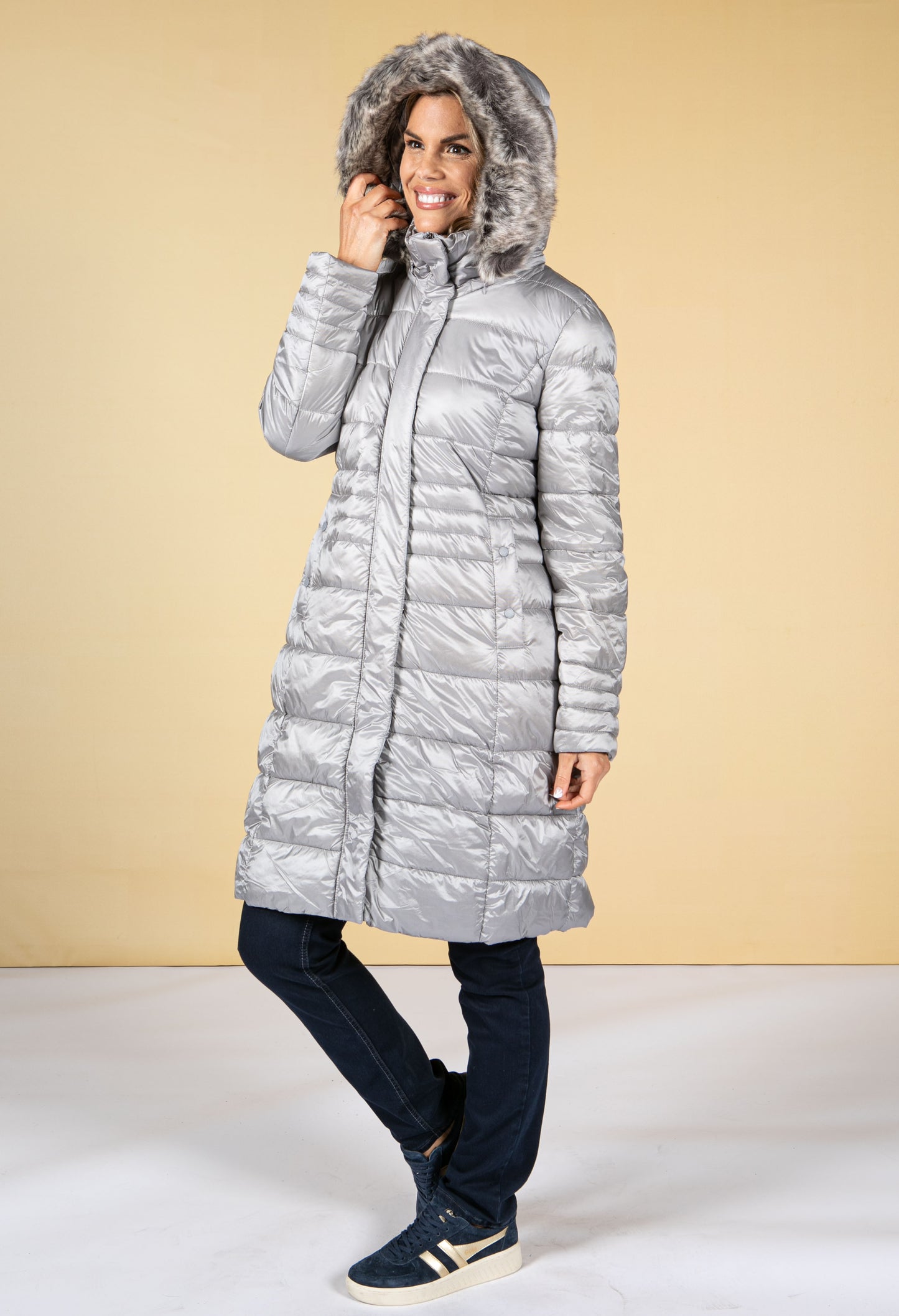 Silver Quilted coat with a hood