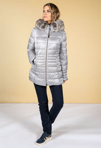 Quilted jacket with a faux fur collar in Silver