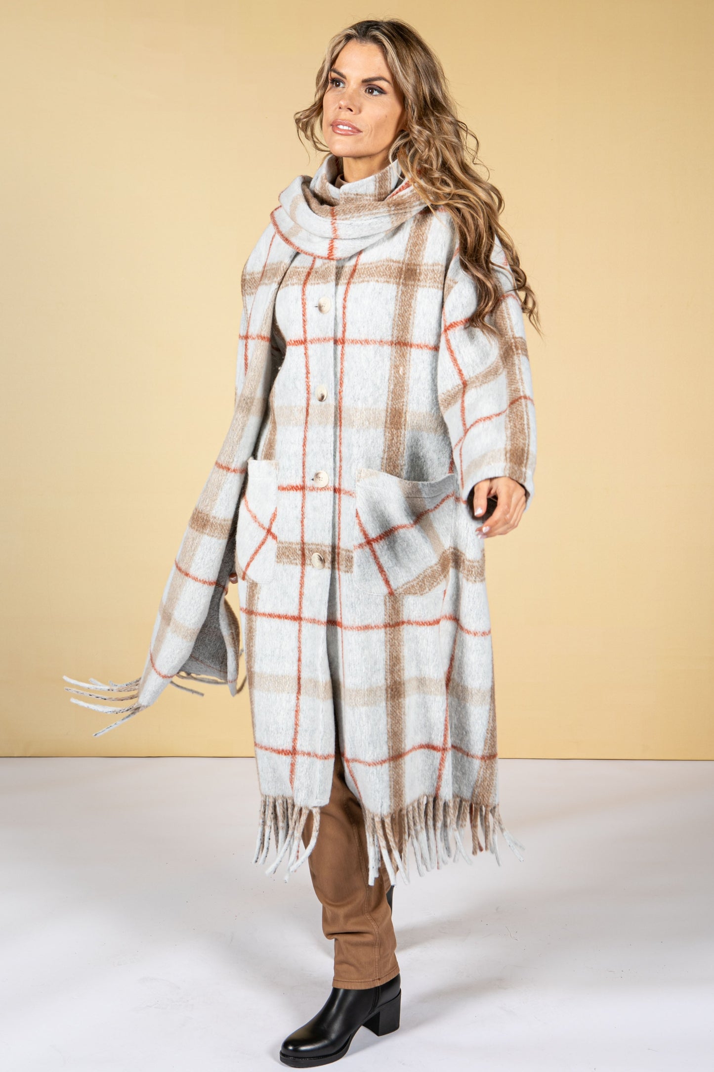 Oversized check coat in Pumpkin Stripe