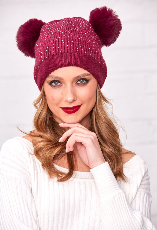 Diamante Double Pompom Hat