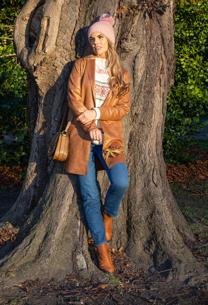 Leather Look Open Jacket in Brown