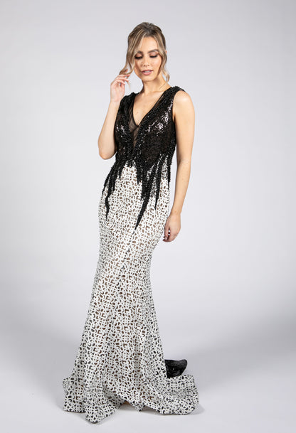 Brocade Black & Cream Long Dress