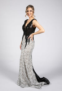 Brocade Black & Cream Long Dress