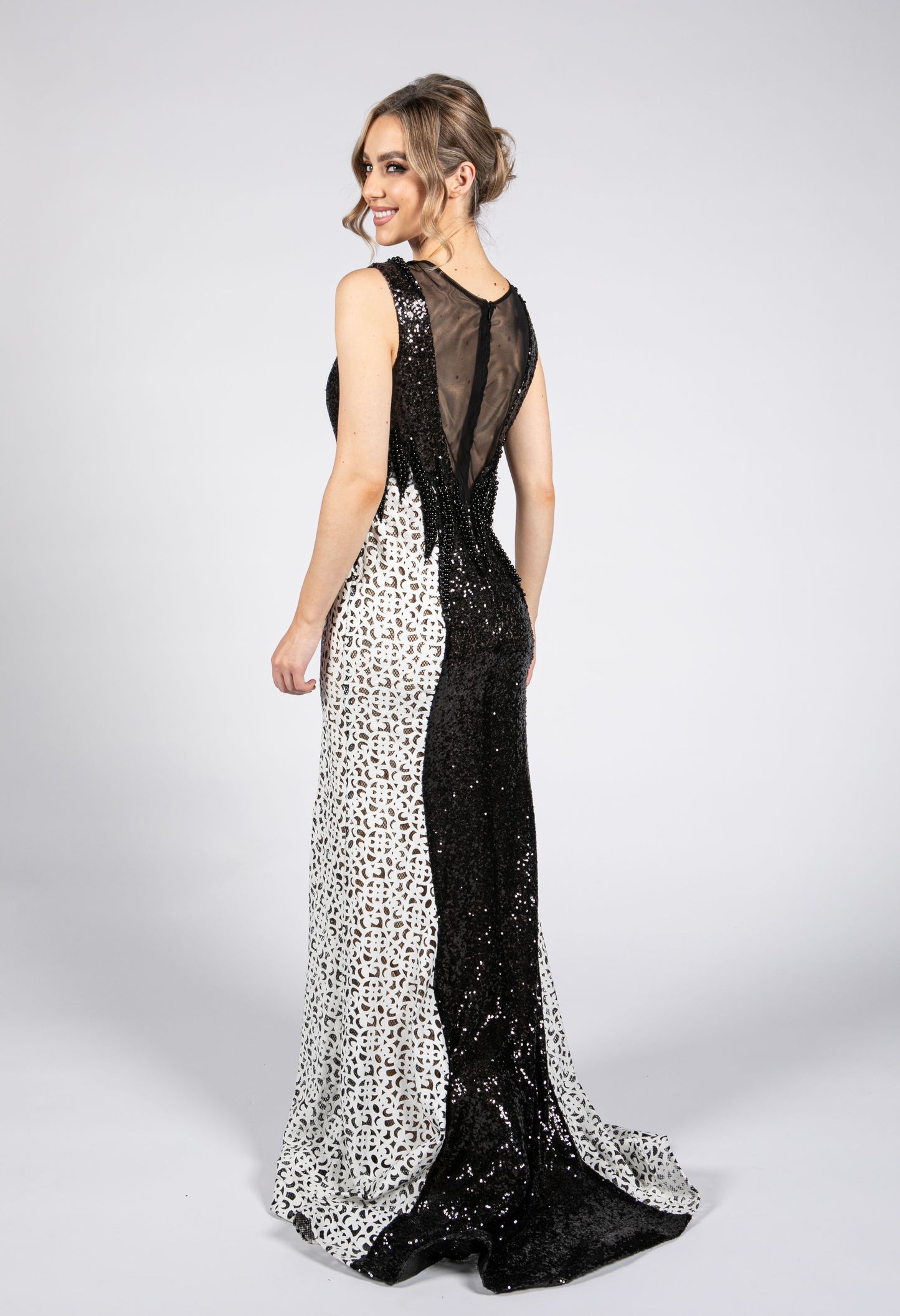 Brocade Black & Cream Long Dress