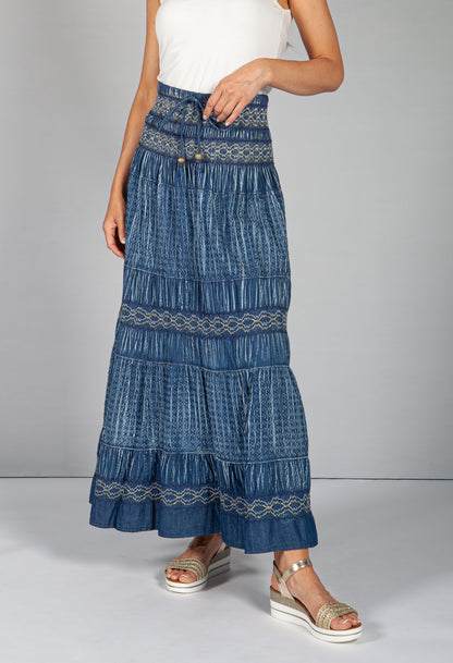 Multi-Wear Boho Denim Skirt with Navy Stitching